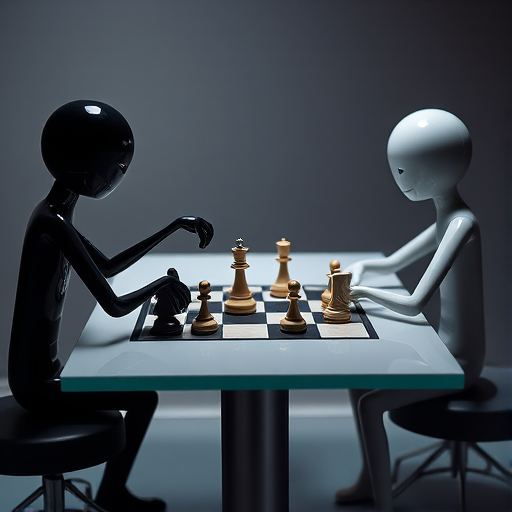 Create a scene of two abstract figures playing chess at a modern table, captured in a high-resolution image with a 50mm lens, f/1.8 aperture, ISO 100, using a softbox lighting setup in a studio environment.