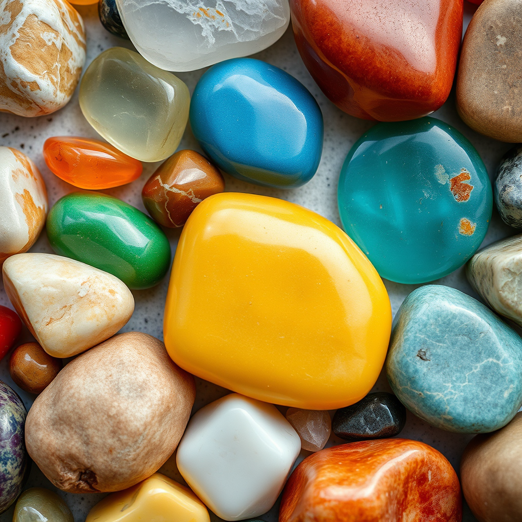 high-resolution close-up of colorful polished stones on a flat surface, DSLR camera, 50mm lens, f/2.8 aperture, ISO 100, natural lighting, top-down view to enhance texture and detail