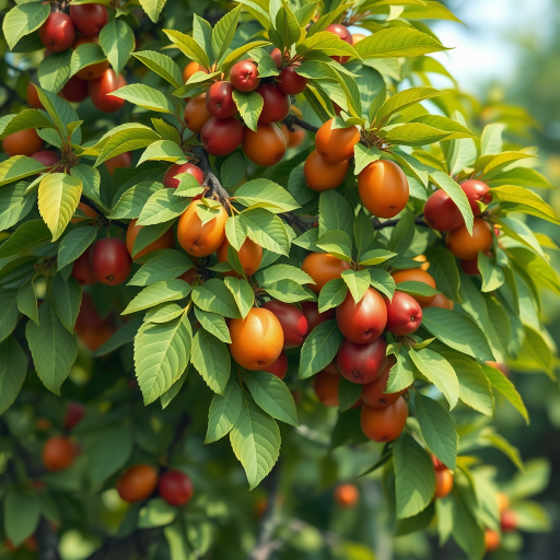 Create a detailed illustration of a flourishing tree with vibrant green leaves and rich, colorful fruits, shot with a DSLR camera at f/8 aperture, ISO 200, 24mm focal length, in natural light with a shallow depth of field for a soft background blur.