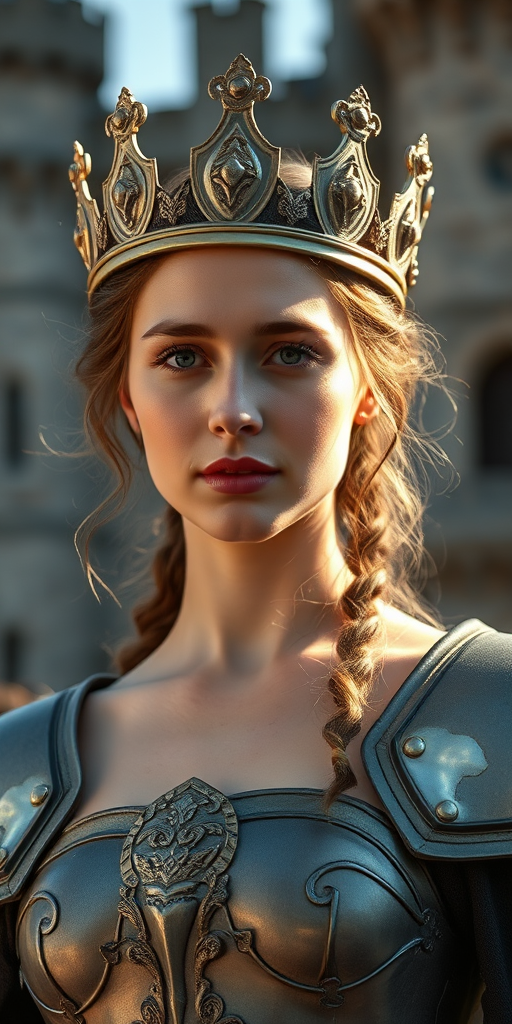 Create a high-resolution portrait of a young woman dressed as a medieval queen, wearing a metallic armor top and a regal crown, with soft sunlight illuminating her face, set against a blurred castle background, using a 50mm lens at f/1.8, ISO 100, and natural light for a cinematic effect.