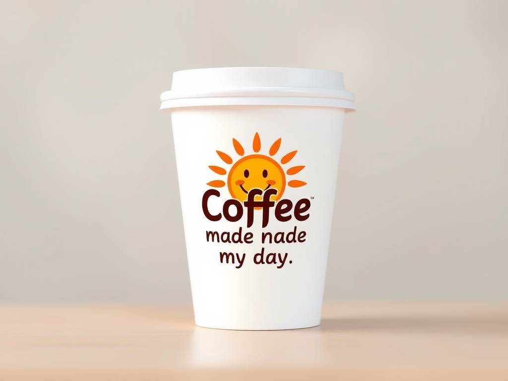 Create a high-resolution digital illustration of a coffee cup with a smiling sun logo and the text "Coffee made my day," using a DSLR camera with a 50mm lens, aperture set to f/2.8, ISO 100, and a soft focus background to enhance image quality.