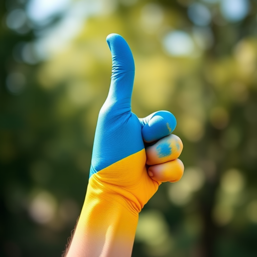 Create an image of a hand giving a thumbs up painted in the colors of the Ukrainian flag, use a Canon EOS R5 camera, ISO 100, f/2.8 aperture, 50mm lens, shot in natural light with a shallow depth of field to enhance vibrancy and focus on the hand while softly blurring the background.