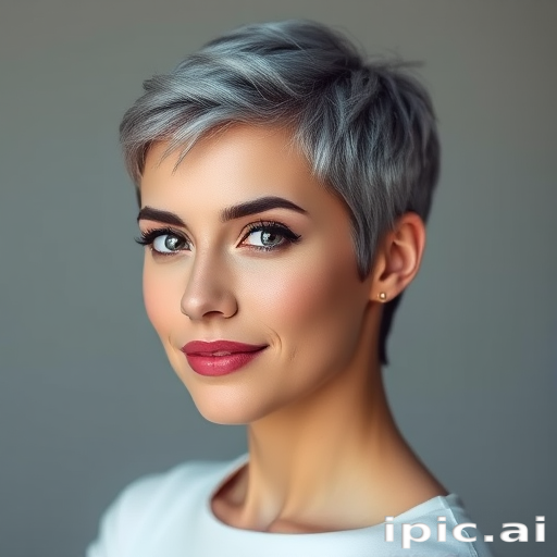Sophisticated salt-and-pepper haired woman with a chic, tapered pixie cut, exuding confidence and embracing natural beauty