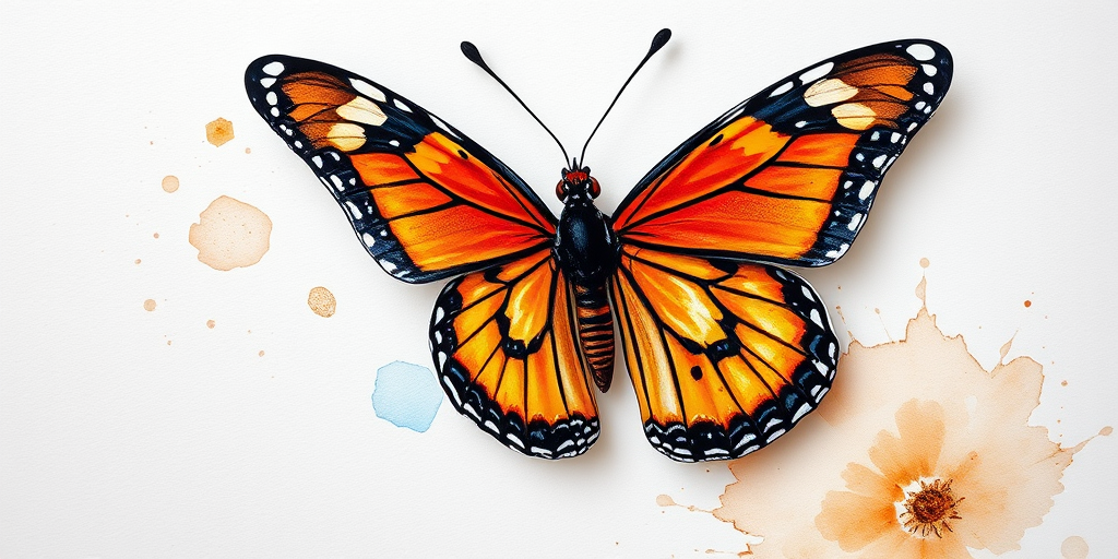 Create a highly detailed watercolor illustration of a butterfly with orange and black patterns, capturing vibrant colors and delicate textures, using a DSLR camera with a 50mm lens at f/2.8, shooting from a top-down view with natural lighting for enhanced clarity and definition.
