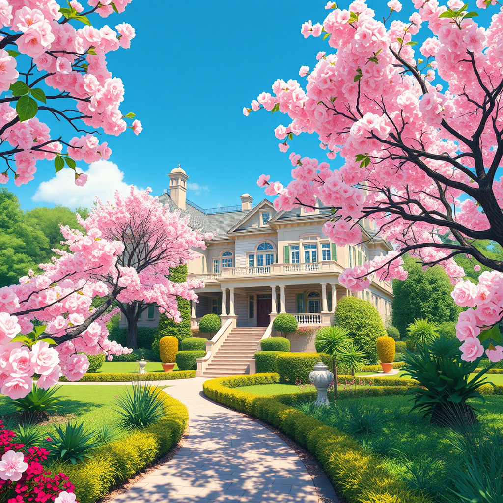 highly detailed illustration of a luxurious mansion surrounded by blooming cherry blossom trees and lush greenery, captured using a Canon EOS R5 with a 24-70mm f/2.8 lens, aperture f/8, ISO 100, shot in natural light, wide angle view to emphasize the grandeur of the architecture and vibrant colors of the garden