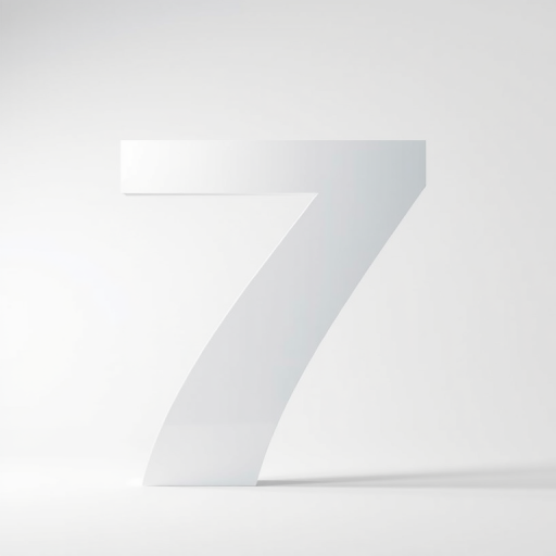 Generate a 3D rendering of a stylized number 7 with a soft gradient and shadow, using a DSLR camera with a 50mm lens at f/1.8, ISO 100, 1/200s shutter speed, in a bright studio setting with softbox lighting.