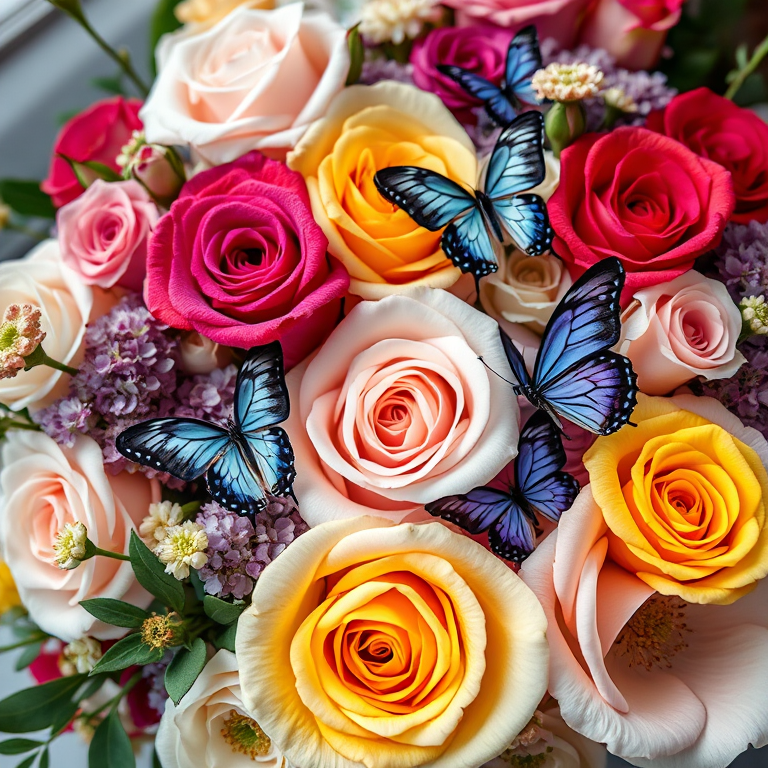 Create a highly detailed floral arrangement with various colored roses and butterflies, using a macro lens at f/2.8, ISO 100, 1/200 sec, shot from a slight overhead angle, with soft natural lighting, employing a digital SLR camera for enhanced clarity and color vibrancy.
