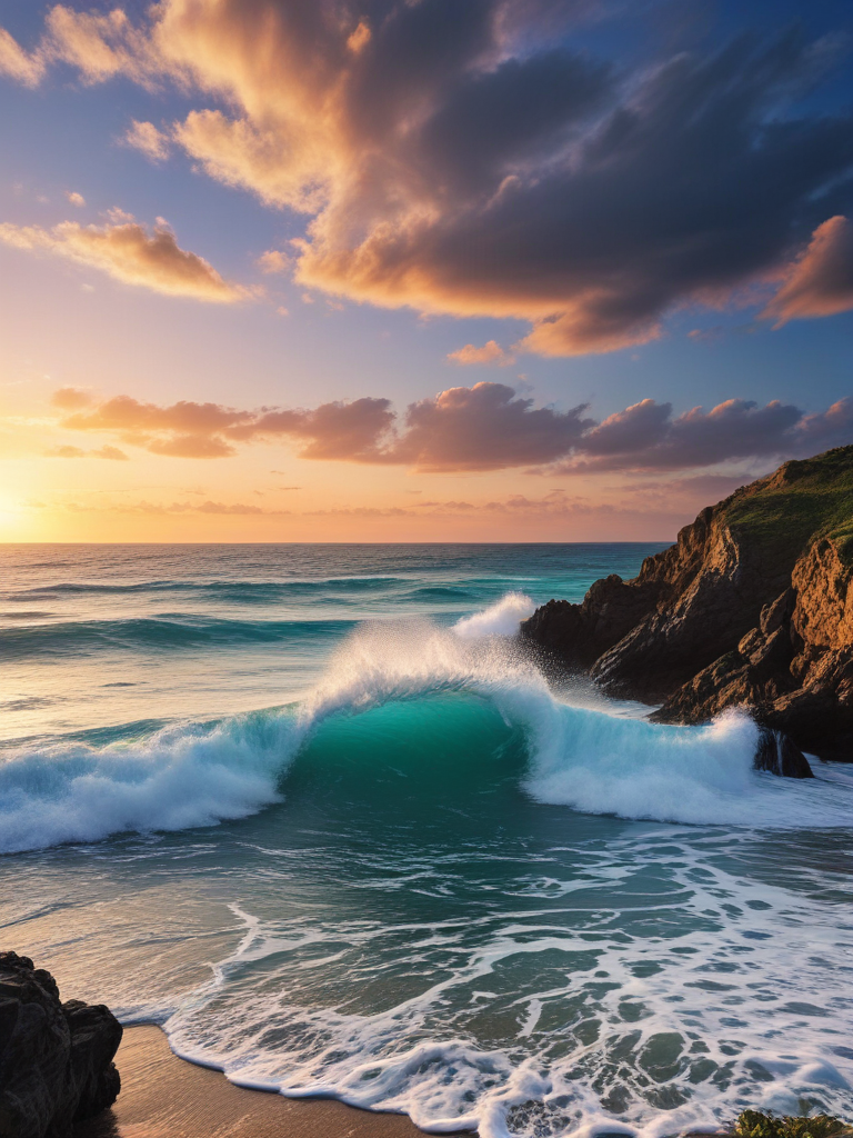 Stunning Sunset Over Waves Crashing Against Rocky Shoreline at Dusk