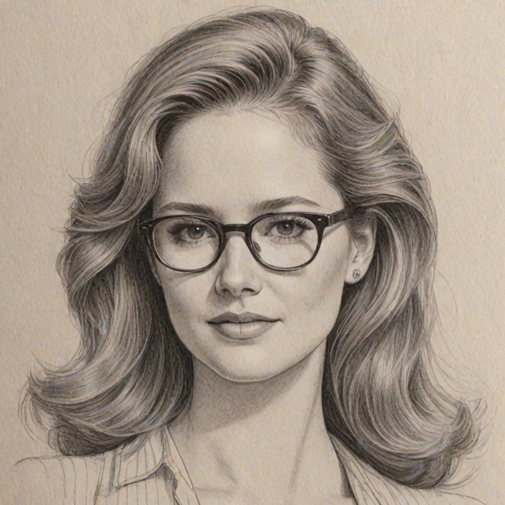 Alluring Sarah Drew, pencil sketch, portrait of Enticing woman 1980s in glasses, hair style beatnik, outline, clear lines, fine lines, 8k