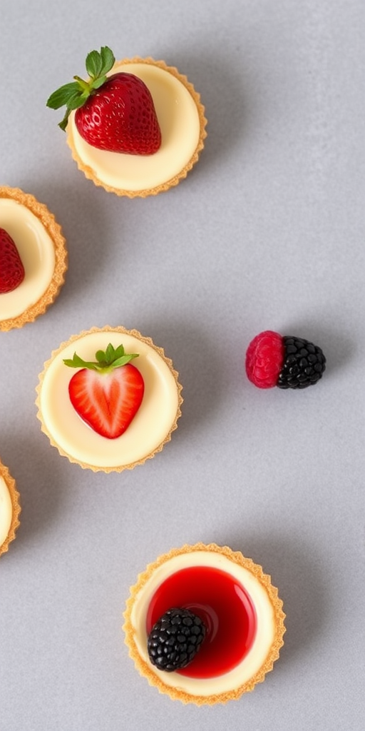 Create an image of miniature cheesecakes arranged on a gray surface each topped with different fruits such as a strawberry with leaves a raspberry and a blackberry with a red sauce in the center. The cheesecakes should have a crumbly crust and a smooth creamy filling with a decorative paper liner.