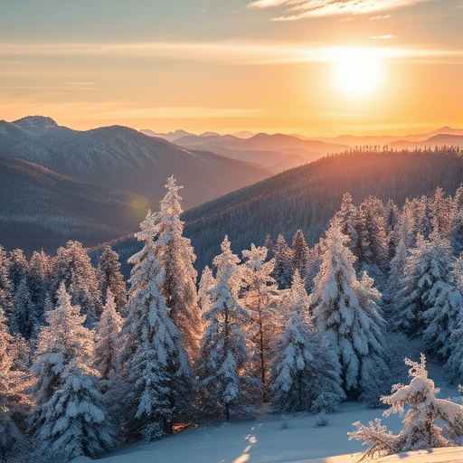 winter landscape with snow-covered trees and mountains under a bright sun, captured with a DSLR camera at f/8, ISO 100, 1/200s, wide angle view, golden hour lighting for enhanced contrast and warmth