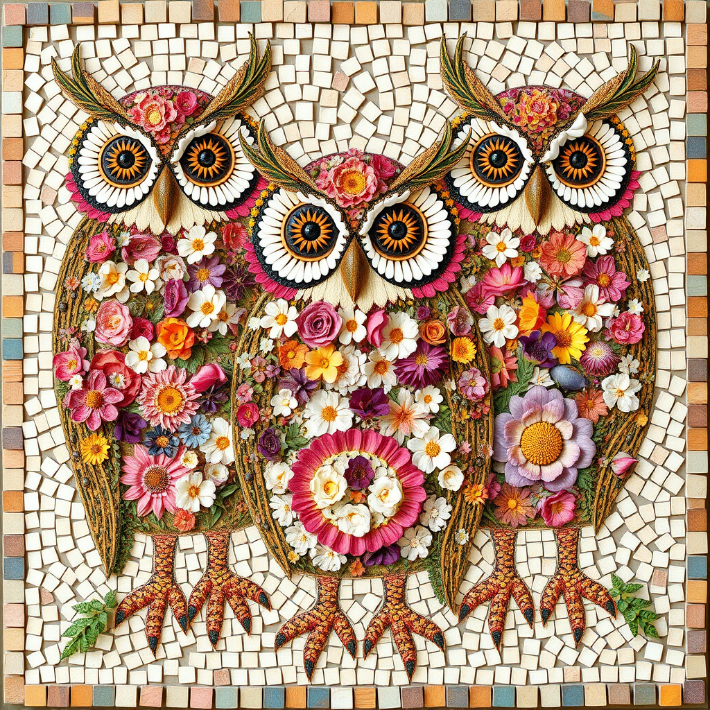 A mosaic of floral owls, each owl intricately composed of individual flower blossoms. The design showcases a delicate balance of nature and form, where the feathers of the owls are replaced by vibrant petals and blooms. The overall appearance is whimsical yet detailed, with each floral element contributing to the intricate patterns of the owl’s body. The artwork embraces a raw, organic style, with natural hues and soft textures, creating a harmonious blend of flora and fauna. The mosaic arrangement adds depth and visual intrigue to the piece, evoking a sense of wonder and artistic beauty.