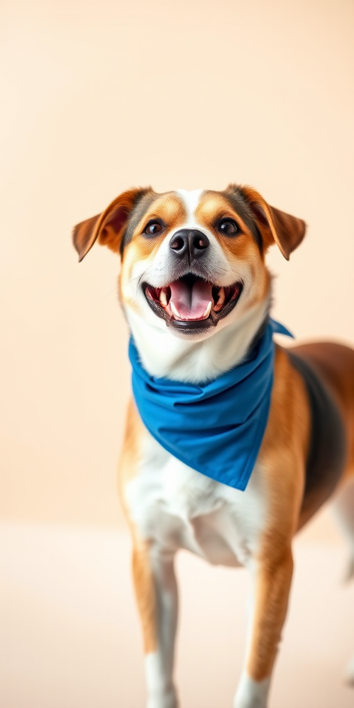 A happy dog wearing a blue bandana standing against a soft beige background, shot with a DSLR camera at f/2.8 aperture, 50mm lens, ISO 100, in natural light, using a shallow depth of field to enhance the subject.