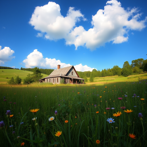 a serene landscape featuring a small farmhouse surrounded by lush greenery and wildflowers under a bright blue sky with fluffy clouds, captured with a Canon EOS R5, 35mm lens, f/8 aperture, ISO 100, natural light, eye-level view for a vibrant and detailed scene