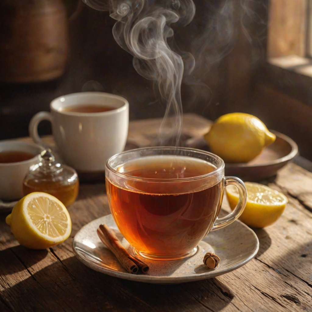 Warmly lit, close-up photo of a freshly brewed cup of tea on a rustic wooden table, soft steam rising from the cup, with a lemon wedge and honey jar nearby, illuminated by soft afternoon sunlight.