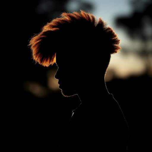 Create a high-resolution silhouette of a person with an afro hairstyle, using a DSLR camera, 50mm lens, aperture set to f/2.8, ISO 100, and natural side lighting for enhanced contrast.