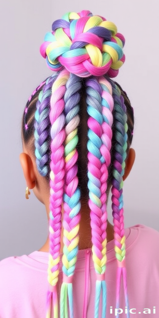 Playful multicolored braids named "Candyland Dreams" incorporate a variety of pastel hues woven into intricate cornrows and culminating in a high, voluminous ponytail