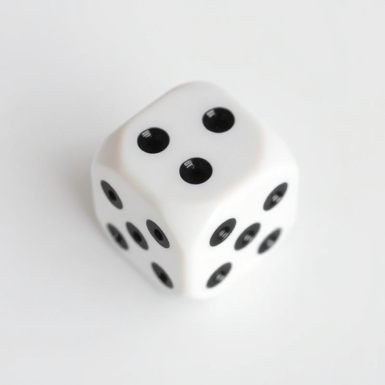 Create a high-resolution image of a white die showing three sides with black pips, shot from a top-down view, using a DSLR camera with a 50mm lens, aperture f/1.8, ISO 100, and a softbox light for even lighting.