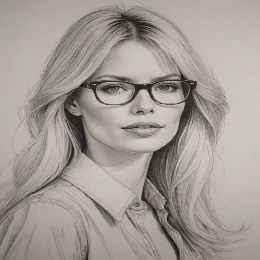 Wonderful Claudia Schiffer, pencil sketch, portrait of Beauteous woman 1974s in glasses, hair style beatnik, outline, clear lines, fine lines, 8k