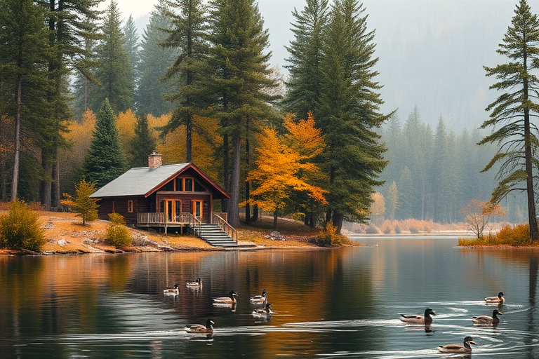 create a serene autumn landscape with a cozy cabin by a calm lake surrounded by tall pine trees and colorful foliage, capturing ducks swimming on the water's surface, shot with a DSLR camera at f/8 aperture, ISO 100, 24mm lens, in soft morning light, with a shallow depth of field for enhanced bokeh.