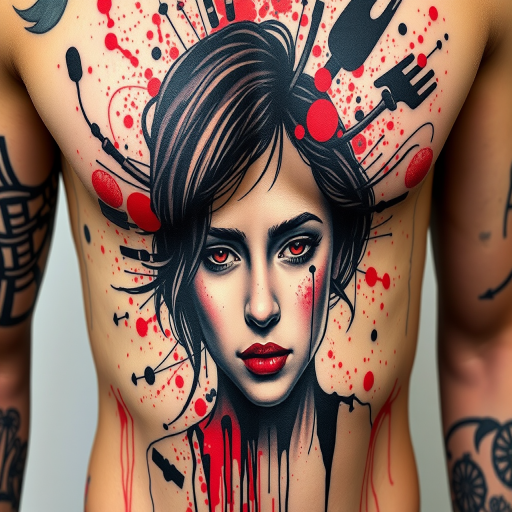Trash polka style tattoo combining realistic portrait with abstract red and black elements, chaotic yet balanced composition on ribcage