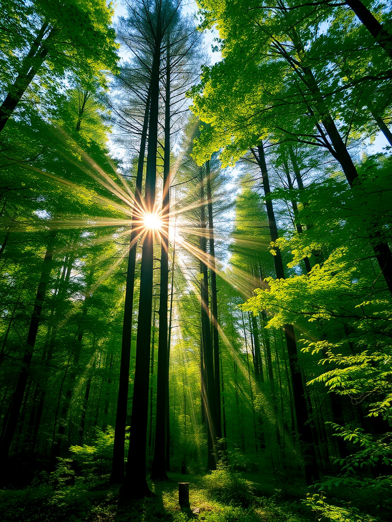 High-resolution photo of a lush green forest with sunlight streaming through tall trees, capturing rays of light, f/11 aperture, ISO 100, shutter speed 1/125s, wide-angle lens, DSLR camera, golden hour lighting, vibrant colors.