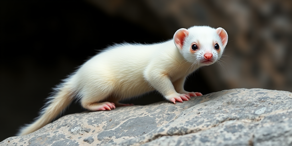 high-quality image of a white ferret climbing on a rock, captured with a Canon EOS R5, 50mm lens, f/2.8, ISO 200, shutter speed 1/200 sec, natural lighting, shallow depth of field, macro view