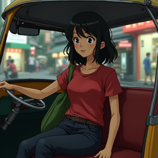 Cartoon Movie​ scene, a 18yr kindness grin Japanese woman,oval face , mullet medium long messy black side hair, wear a red shirt ,black jeans ,navy slip-on​,with green backpack, relax​ sitting on a seat in a thai tuk-tuk, tuk-tuk a silver metal roof that reflects light, There are blurred street lights and shops Chinatown Bangkok in the background.