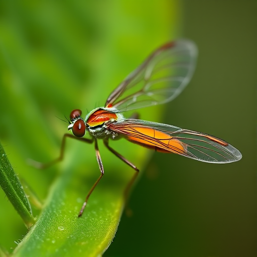 Close-up of a mayfly perched on a green leaf with intricate wing patterns, captured with a DSLR camera at f/4, 1/200s shutter speed, ISO 100, macro lens with a shallow depth of field and natural lighting for enhanced detail and vibrant colors.