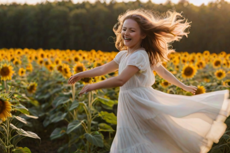 Blurry candid shot of a young girl twirling in a flowing white dress in a sunflower field, with her hair catching the sunlight and golden petals surrounding her in joyful abundance.