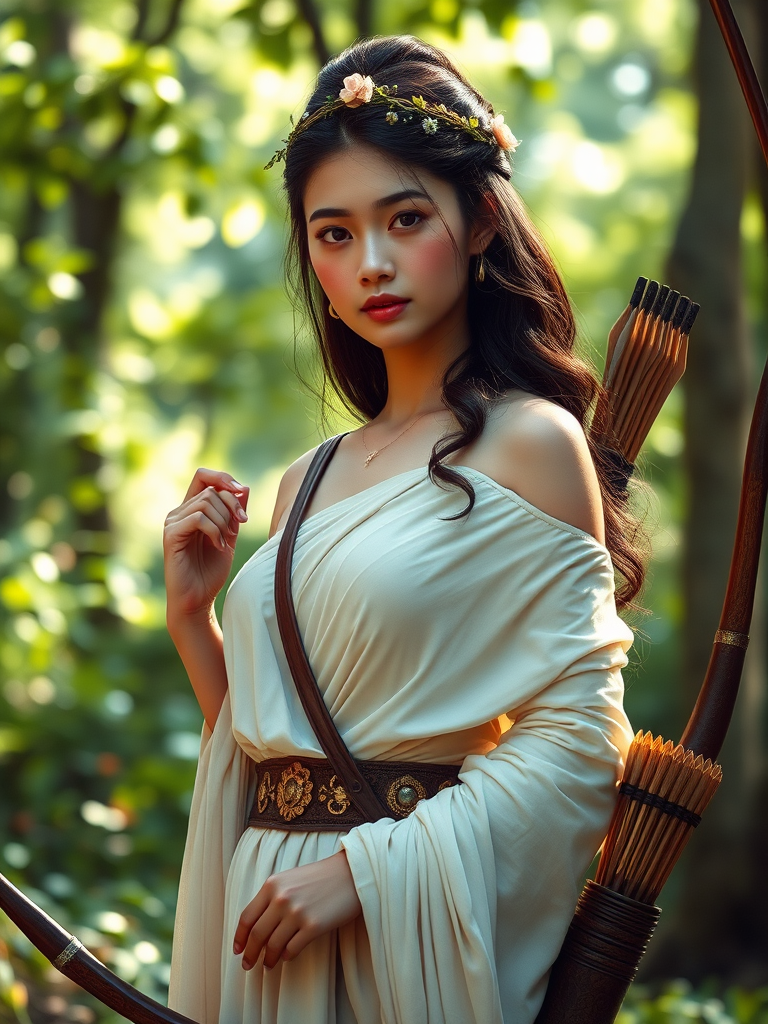 Create a portrait of a goddess-like Indonesian girl figure in a tranquil, forested environment. She has an elegant appearance with long, wavy hair styled in an updo and adorned with a delicate, floral headband. She wears a flowing, ancient Greek-inspired gown in a soft, pale color, featuring a one-shoulder design and draped fabric that accentuates her graceful form. The outfit includes a decorative belt with ornate gold detailing, and she holds a bow in her hand, with a quiver of arrows slung over her shoulder. The background depicts lush greenery, with sunlight filtering through the trees, casting a gentle, ethereal light on the scene. Her expression is calm and contemplative, embodying a sense of wisdom and serenity.