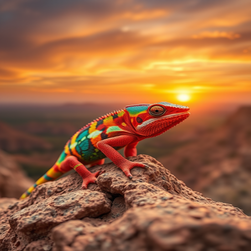 A vibrant, colorful chameleon perched on a textured rock with a stunning sunset landscape in the background, captured using a DSLR camera with a 50mm lens at f/1.8, ISO 200, 1/200 sec, with a shallow depth of field to emphasize the details of the chameleon and blur the background.