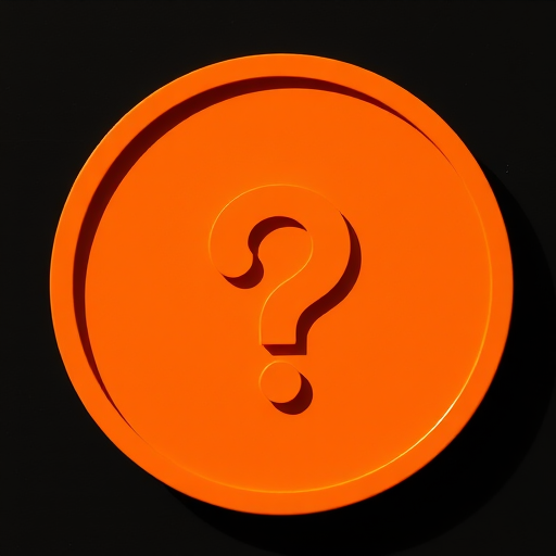 Create an image of an orange circular symbol with a question mark in the center, using a DSLR camera with a 50mm lens, f/2.8 aperture, ISO 100, 1/200s shutter speed, taken from a straight-on view, in bright natural light to enhance color vibrancy and detail.