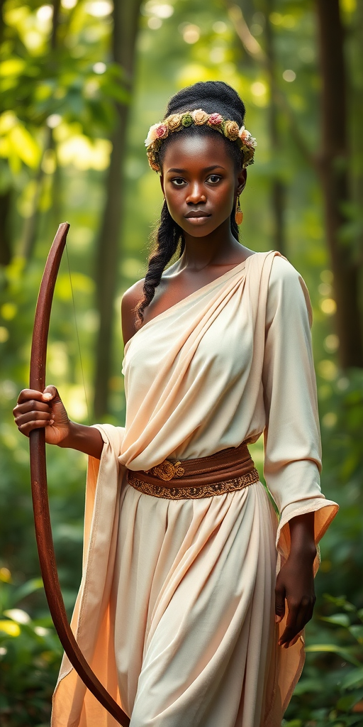 Create a portrait of a goddess-like Kikuyu girl figure in a tranquil, forested environment. She has an elegant appearance with long, wavy hair styled in an updo and adorned with a delicate, floral headband. She wears a flowing, ancient Greek-inspired gown in a soft, pale color, featuring a one-shoulder design and draped fabric that accentuates her graceful form. The outfit includes a decorative belt with ornate gold detailing, and she holds a bow in her hand, with a quiver of arrows slung over her shoulder. The background depicts lush greenery, with sunlight filtering through the trees, casting a gentle, ethereal light on the scene. Her expression is calm and contemplative, embodying a sense of wisdom and serenity.