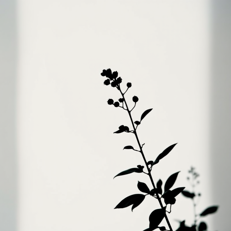 Generate a high-quality image of a minimalist black plant silhouette on a plain white background, using a 50mm lens, f/1.8 aperture, ISO 100, shot from eye level in a natural light setting with a shallow depth of field for enhanced focus.