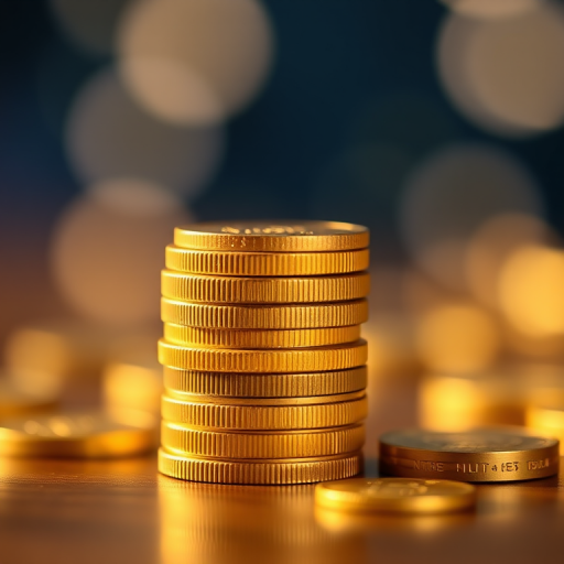 photograph of stacked gold coins with bokeh background, f/2.8 aperture, 50mm lens, ISO 100, soft focus, warm lighting, DSLR camera