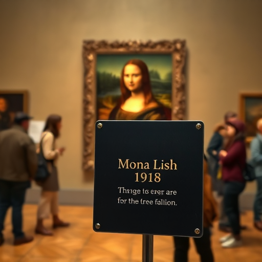 Mona Lisa art display at a gallery with visitors in the background, taken with a DSLR camera, 50mm lens, f/1.8 aperture, ISO 100, shutter speed 1/200s, focus on the sign with soft bokeh effect.