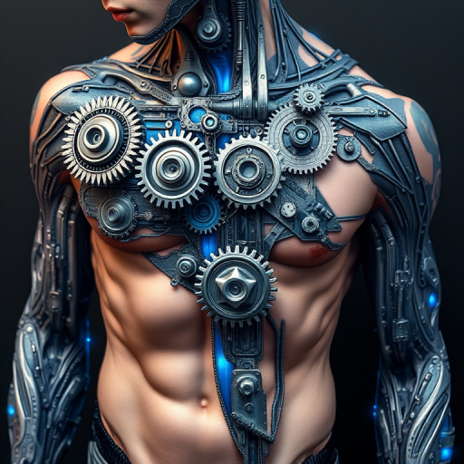 Realistic 3D biomechanical tattoo titled "Cybernetic Fusion" depicting hyper-detailed mechanical gears and circuits seamlessly blending with human anatomy using shades of metallic silver and electric blue