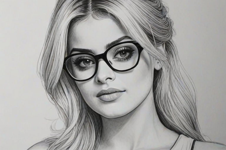 Appealing Bebe Rexha, pencil sketch, portrait of Exquisite woman 1968s in glasses, hair style beatnik, outline, clear lines, fine lines, 8k