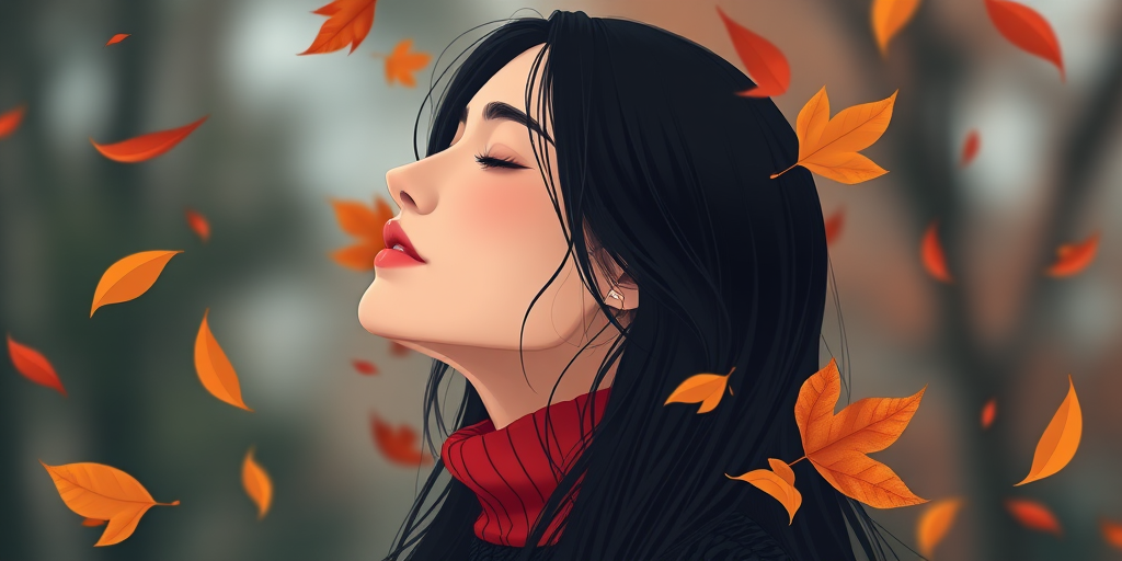 Create a digital illustration of a woman with long black hair, eyes closed, wearing a red turtleneck and a black sweater, with autumn leaves floating around her, using a Canon EOS R5, 85mm lens, f/1.4 aperture, soft lighting, and a slightly blurred background for depth.