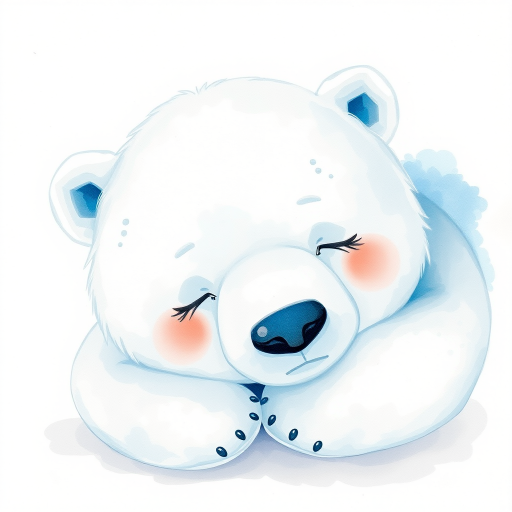 Create a high-resolution watercolor illustration of a cute sleeping polar bear character with light blue accents, using a Canon EOS R5 camera, 50mm f/1.2 lens, aperture set at f/2.8, ISO 100, and natural soft lighting for enhanced quality.