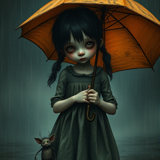 An eerie, weird little girl with dark hair in thin pigtails, wearing a smock dress, standing in the rain, holding a dirty orange umbrella, a small, odd creature beside her. In a surreal style inspired by Nicoletta Ceccoli and Brian Froud. Dark fantasy themes