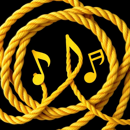 Create a high-resolution image of three intertwined yellow ropes forming musical symbols on a black background, using a DSLR camera with a 50mm lens, aperture set to f/1.8, ISO 100, and a soft focus effect.