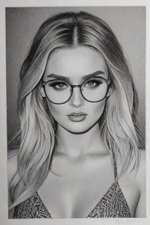 Captivating Perrie Edwards, pencil sketch, portrait of Stunning woman 1971s in glasses, hair style beatnik, outline, clear lines, fine lines, 8k