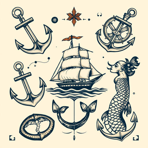 Vintage-inspired tattoo named "Nautical Nostalgia" featuring classic maritime elements like anchors, ships, and mermaids in a muted color palette with distressed effects for an authentic aged appearance