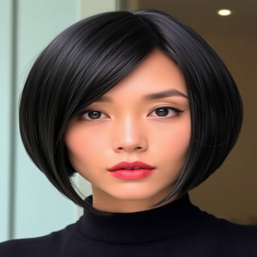 Chic blunt bob in glossy raven black, styled pin-straight with a precise middle part, exuding minimalist elegance and sleek sophistication