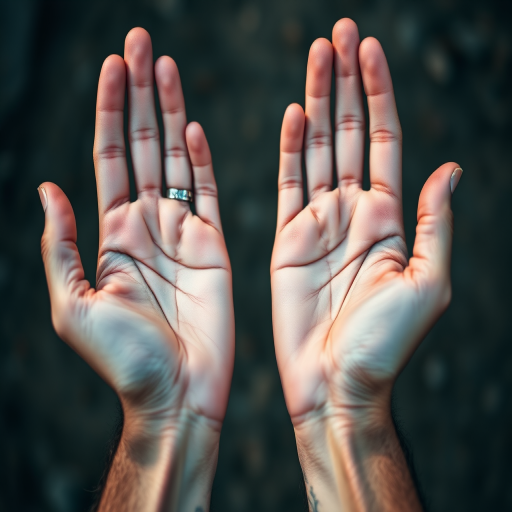 Capture a close-up image of two open hands with palms up, focus on texture and details, use a 50mm lens, aperture f/2.8, ISO 100, natural lighting, shallow depth of field, DSLR camera.
