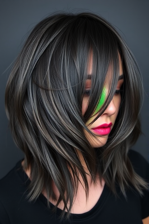 Vibrant rainbow underlights peeking through a dark charcoal gray shag cut, creating a playful yet edgy aesthetic called Prism Shadow