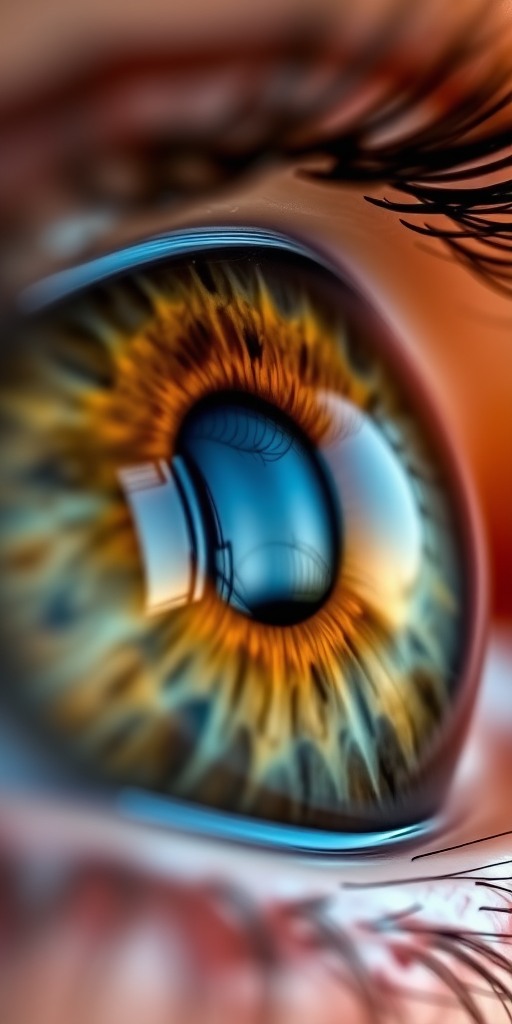 macro shot of a human eye with intricate details and vibrant colors, f/1.8 aperture, 100mm lens, ISO 100, natural lighting, shallow depth of field, positioned at eye level, using a DSLR camera, focus on the iris texture and reflections.