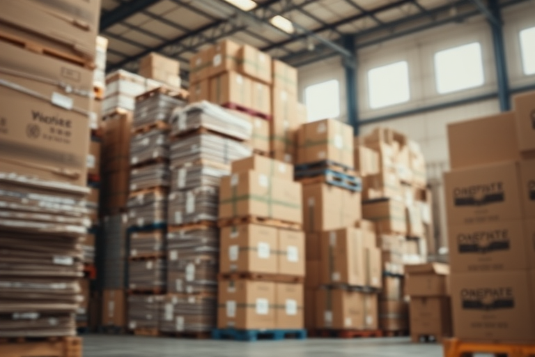 warehouse interior with neatly stacked cardboard boxes, soft natural lighting, depth of field effect, ISO 200, f/2.8, 1/50s, 35mm lens, shot from a low angle, DSLR camera